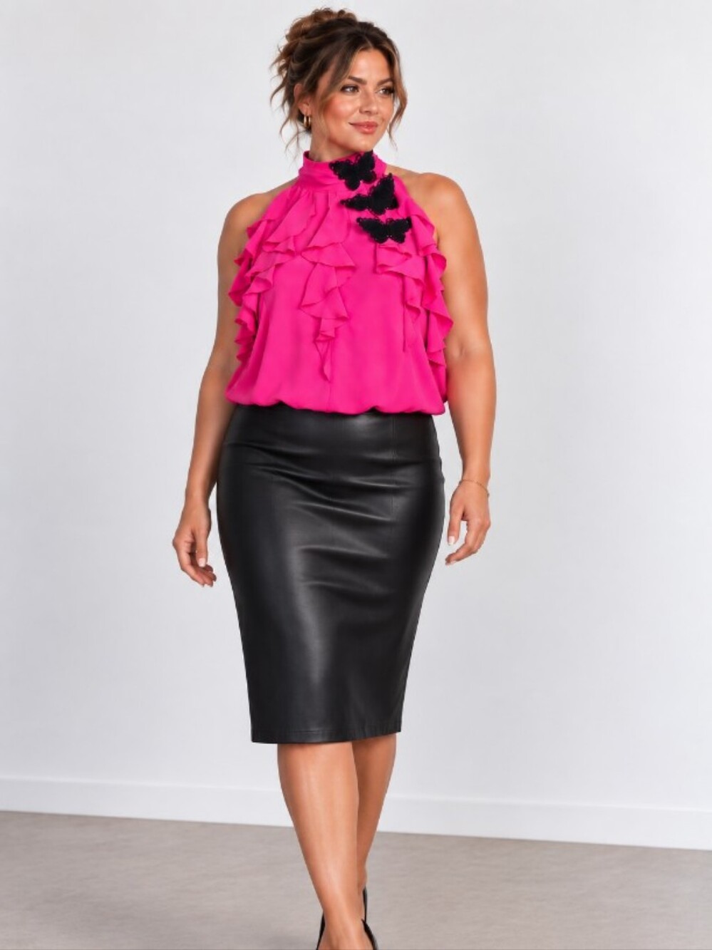 NY & Co Large Women’s Hot Pink Ruffle Halter Top with Black Butterfly Appliqués